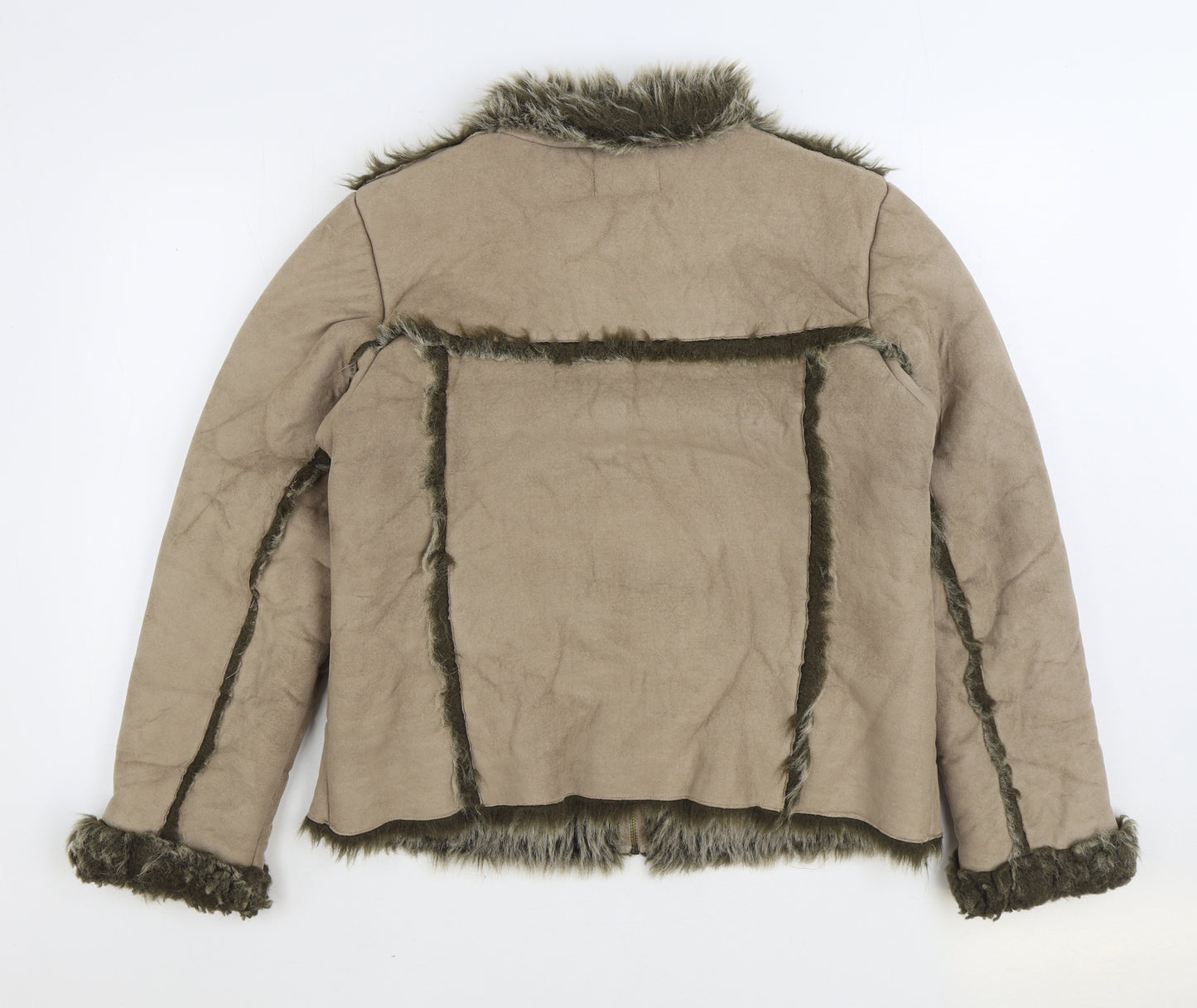 Denim & Co. Womens Beige Jacket Size 14 Zip - Faux Fur
