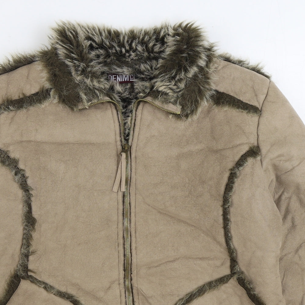 Denim & Co. Womens Beige Jacket Size 14 Zip - Faux Fur