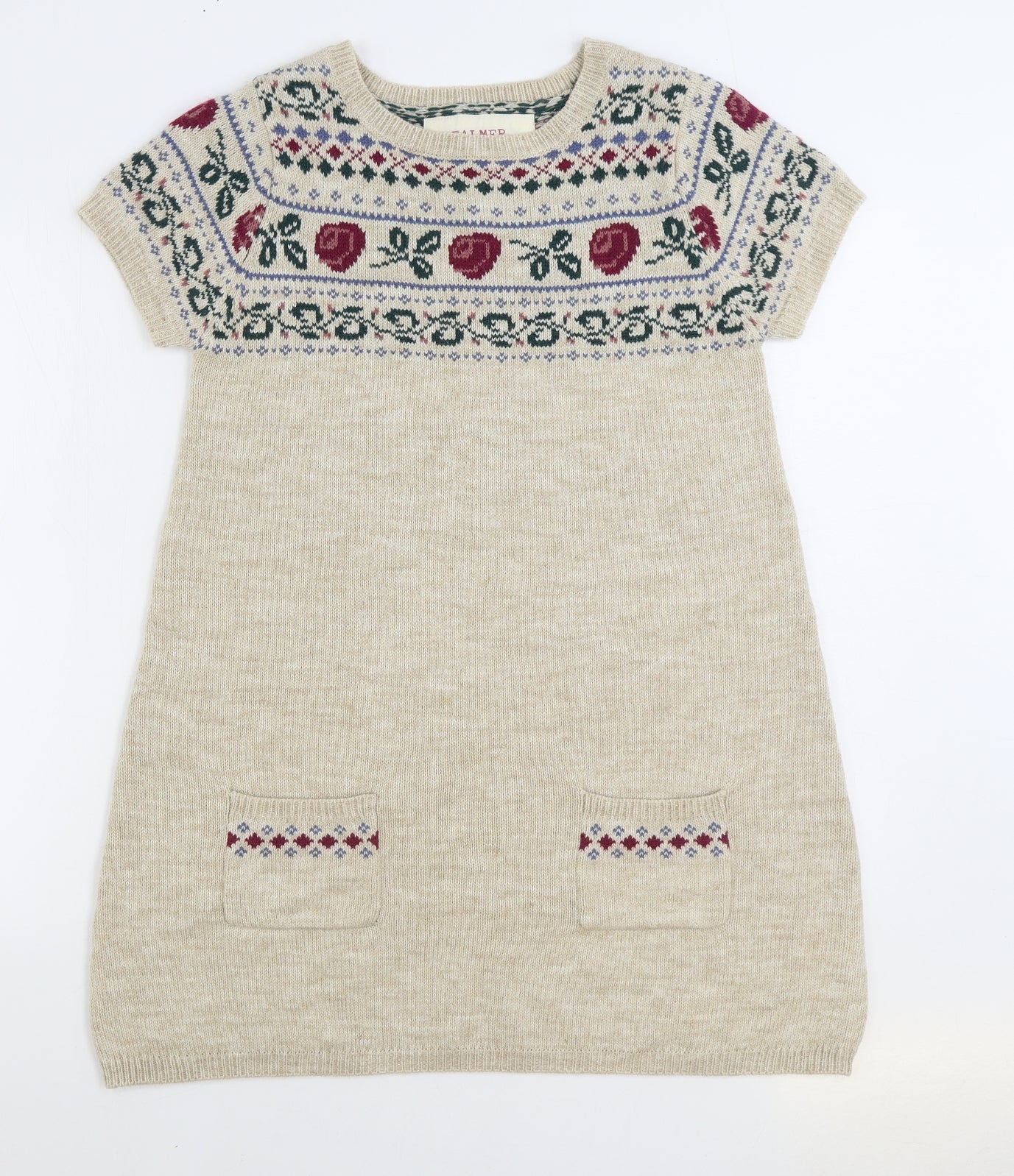 Falmer Womens Beige Fair Isle Acrylic Jumper Dress Size 14 Round Neck Pullover