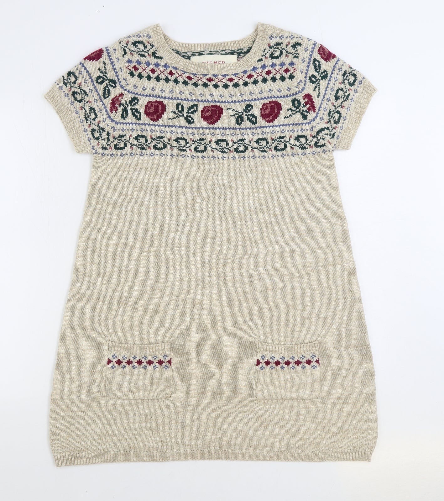 Falmer Womens Beige Fair Isle Acrylic Jumper Dress Size 14 Round Neck Pullover