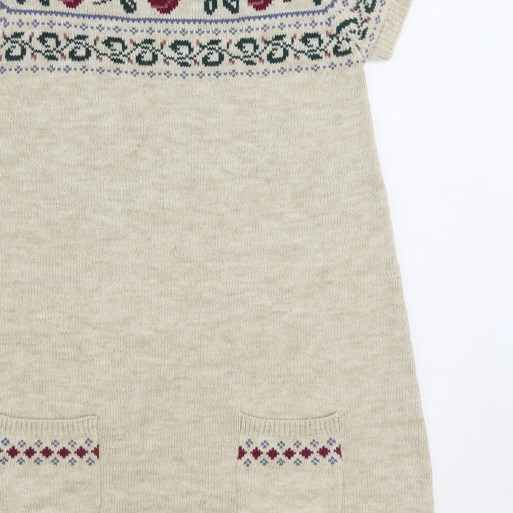 Falmer Womens Beige Fair Isle Acrylic Jumper Dress Size 14 Round Neck Pullover