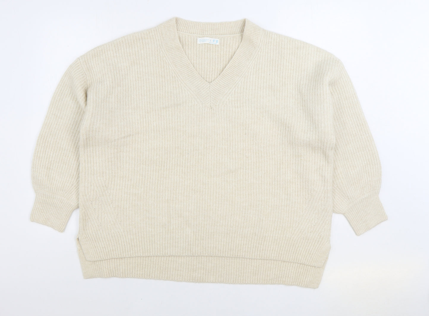Primark Womens Beige V-Neck Acrylic Pullover Jumper Size L