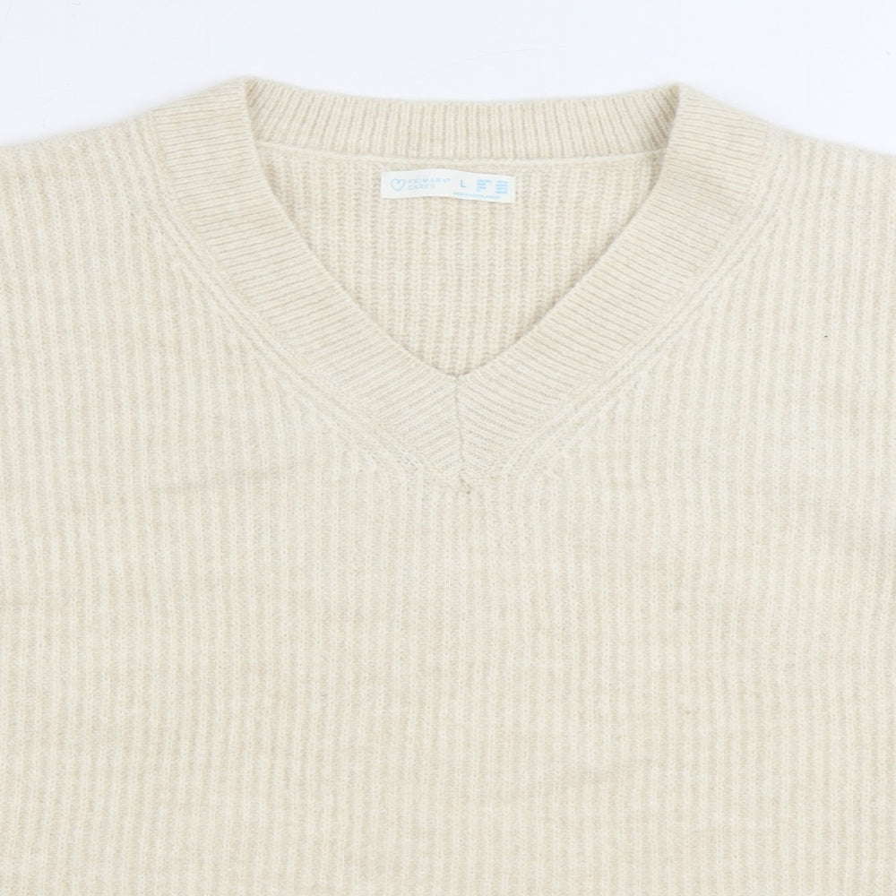 Primark Womens Beige V-Neck Acrylic Pullover Jumper Size L