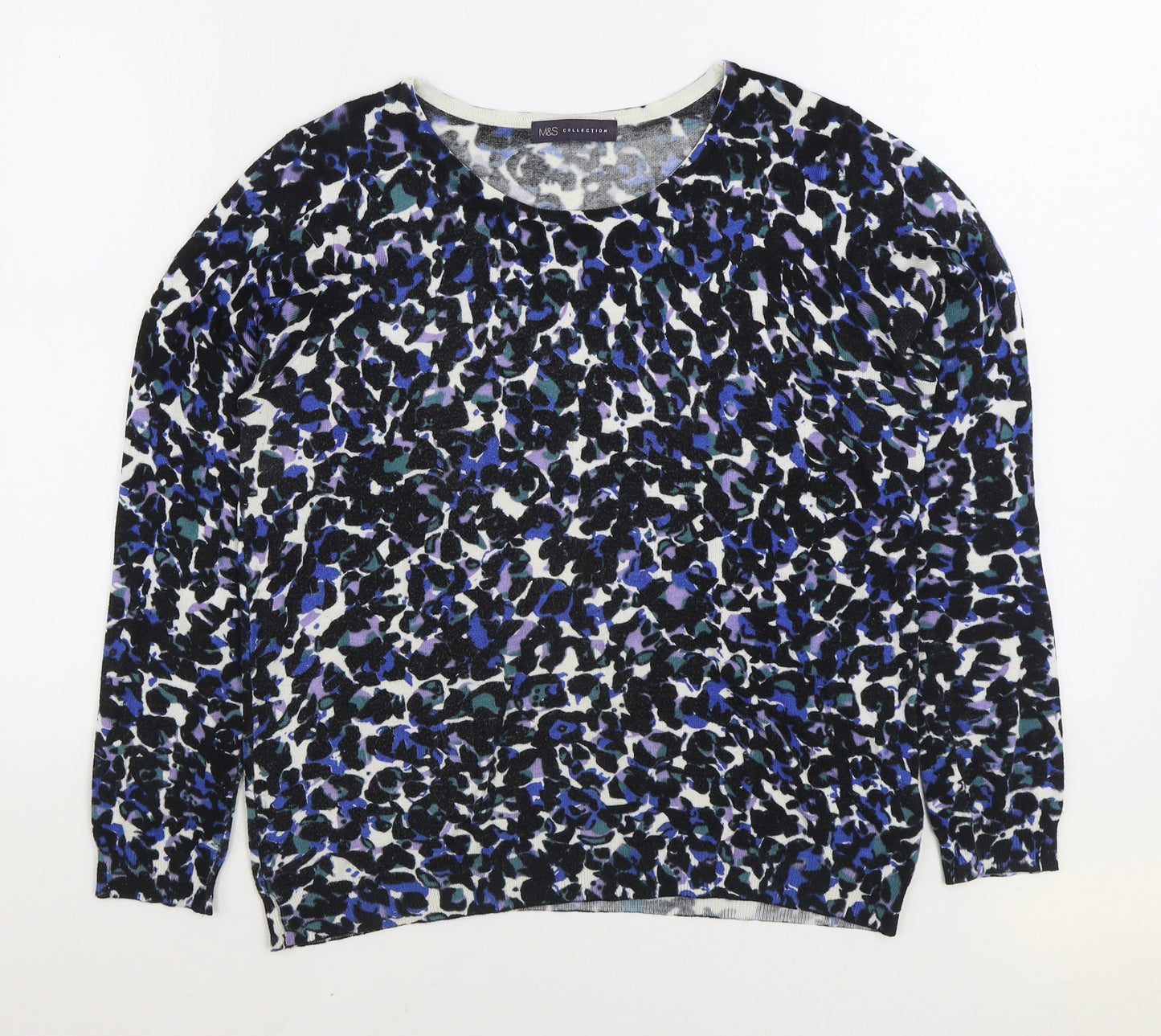 Marks and Spencer Womens Blue Boat Neck Geometric Viscose Pullover Jumper Size 16
