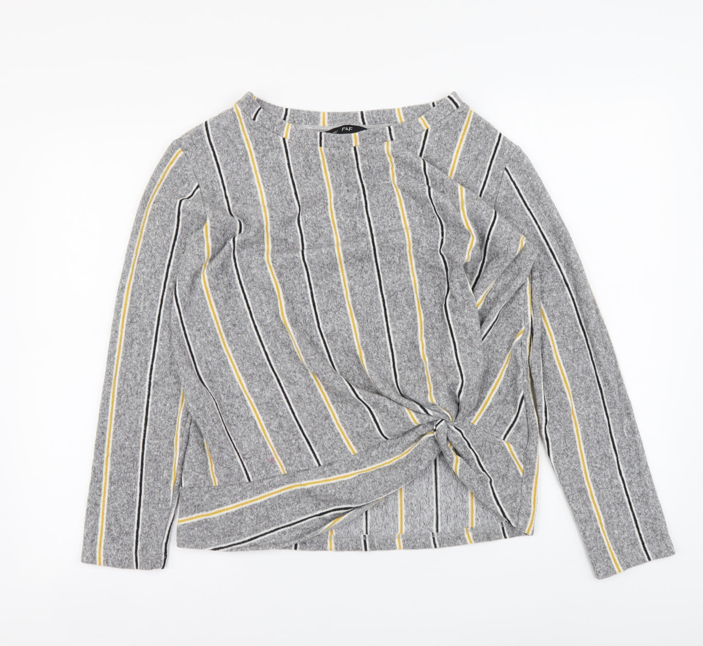 F&F Womens Grey Round Neck Striped Polyester Pullover Jumper Size 12