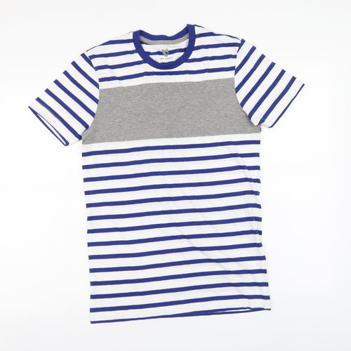 By Very Womens Blue Striped Cotton Basic T-Shirt Size XS Round Neck