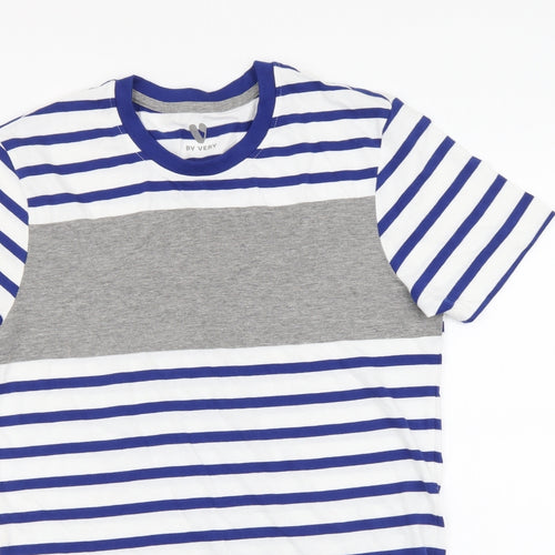 By Very Womens Blue Striped Cotton Basic T-Shirt Size XS Round Neck
