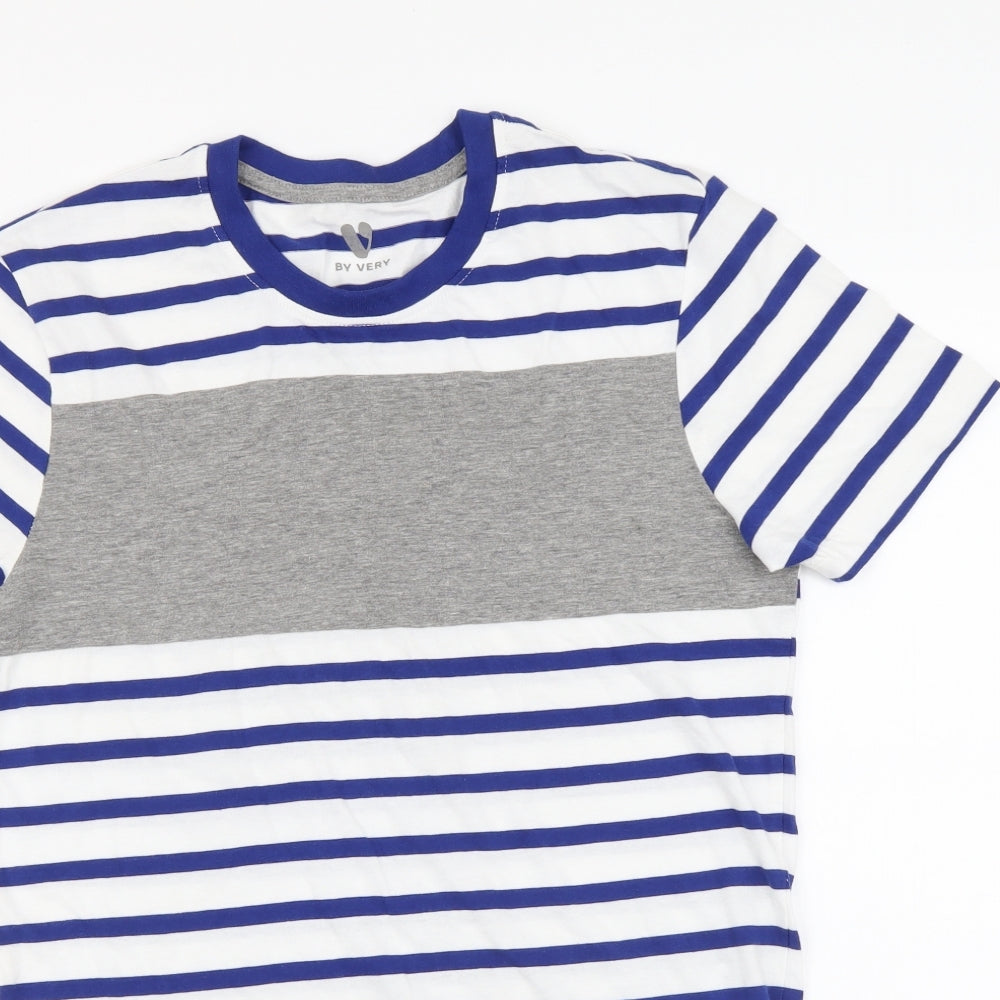 By Very Womens Blue Striped Cotton Basic T-Shirt Size XS Round Neck