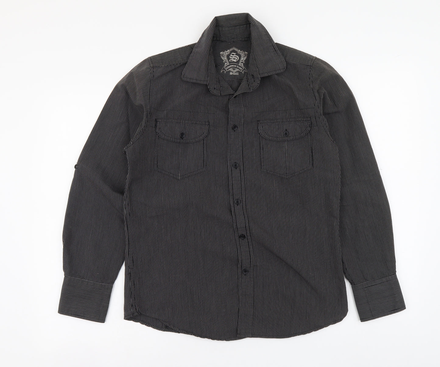 Cedar Wood State Mens Black Striped Cotton Button-Up Size S Collared Button