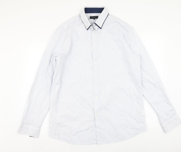Taylor & Wright Mens White Polka Dot Polyester Button-Up Size 16 Collared Button