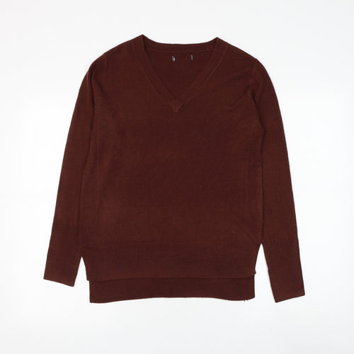 Preworn Womens Brown V-Neck Polyester Pullover Jumper Size M