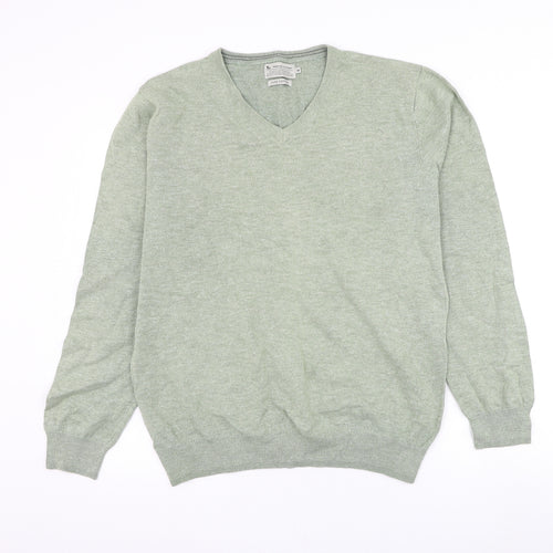 TU Mens Green V-Neck Cotton Pullover Jumper Size M