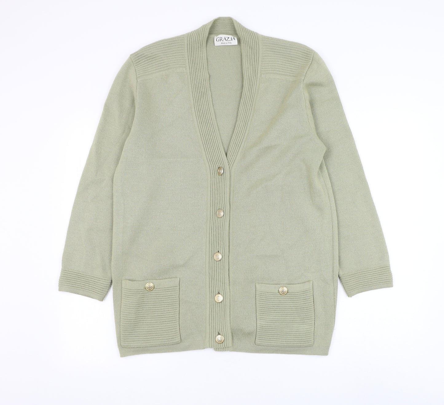 Grazia Womens Green V-Neck Wool Cardigan Jumper Size L