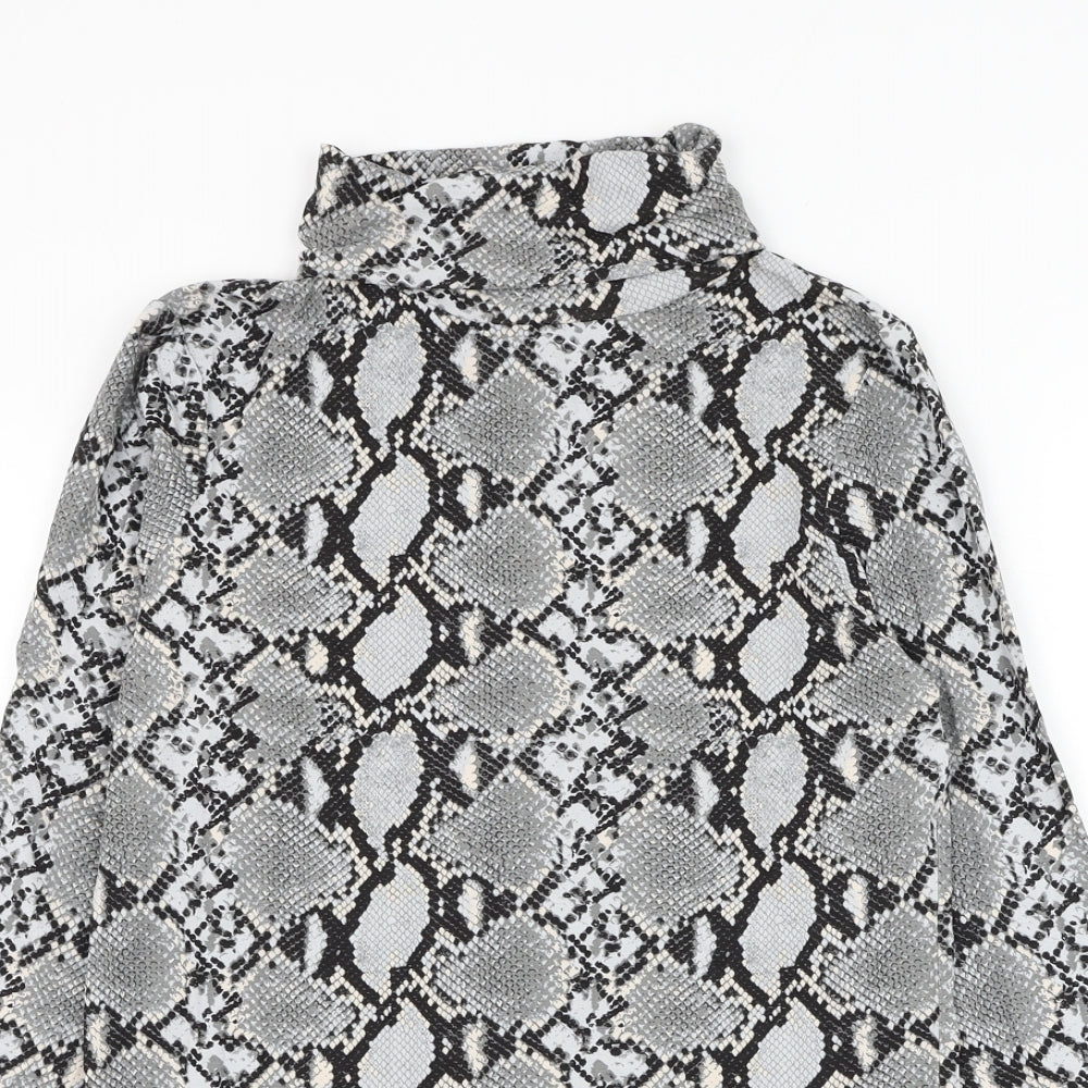New Look Womens Grey Animal Print Viscose Basic Blouse Size 14 Roll Neck - Snake Print