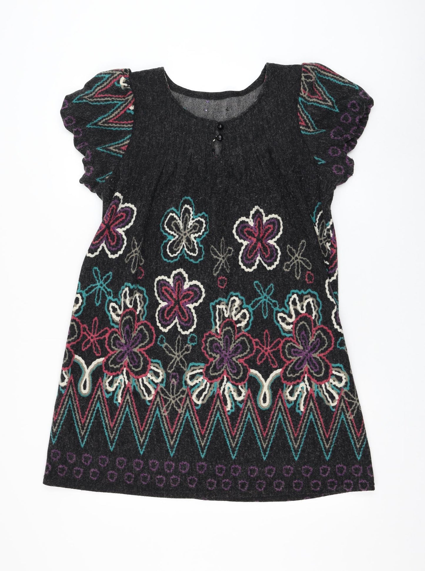 Preworn Womens Black Floral Acrylic A-Line Size M Round Neck Pullover
