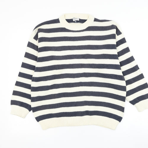 Para Womens White Round Neck Striped Cotton Pullover Jumper Size S