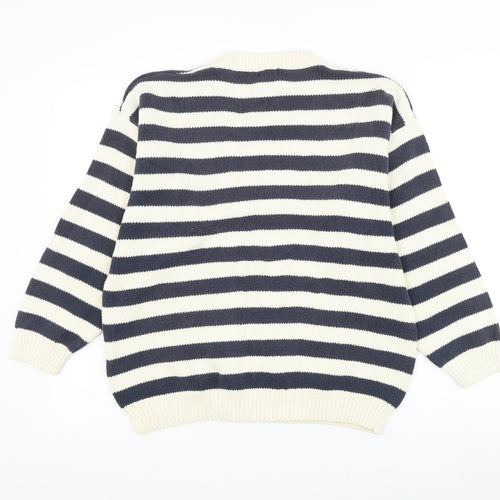 Para Womens White Round Neck Striped Cotton Pullover Jumper Size S