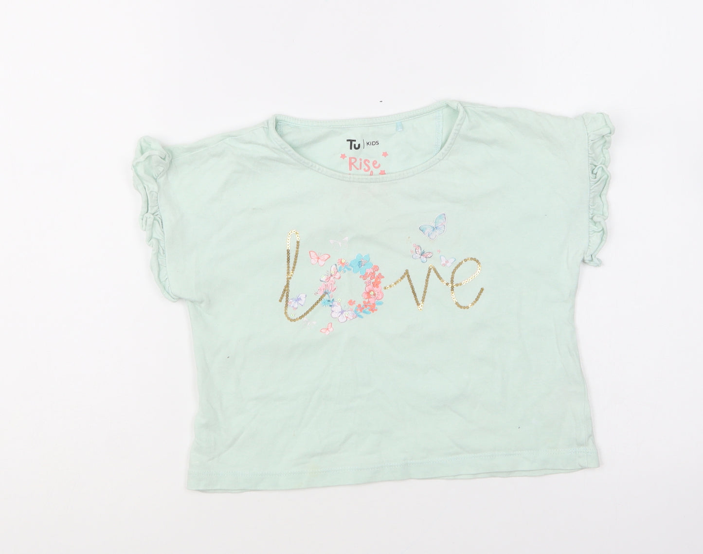 TU Girls Green Cotton Basic T-Shirt Size 4-5 Years Round Neck Pullover - Love