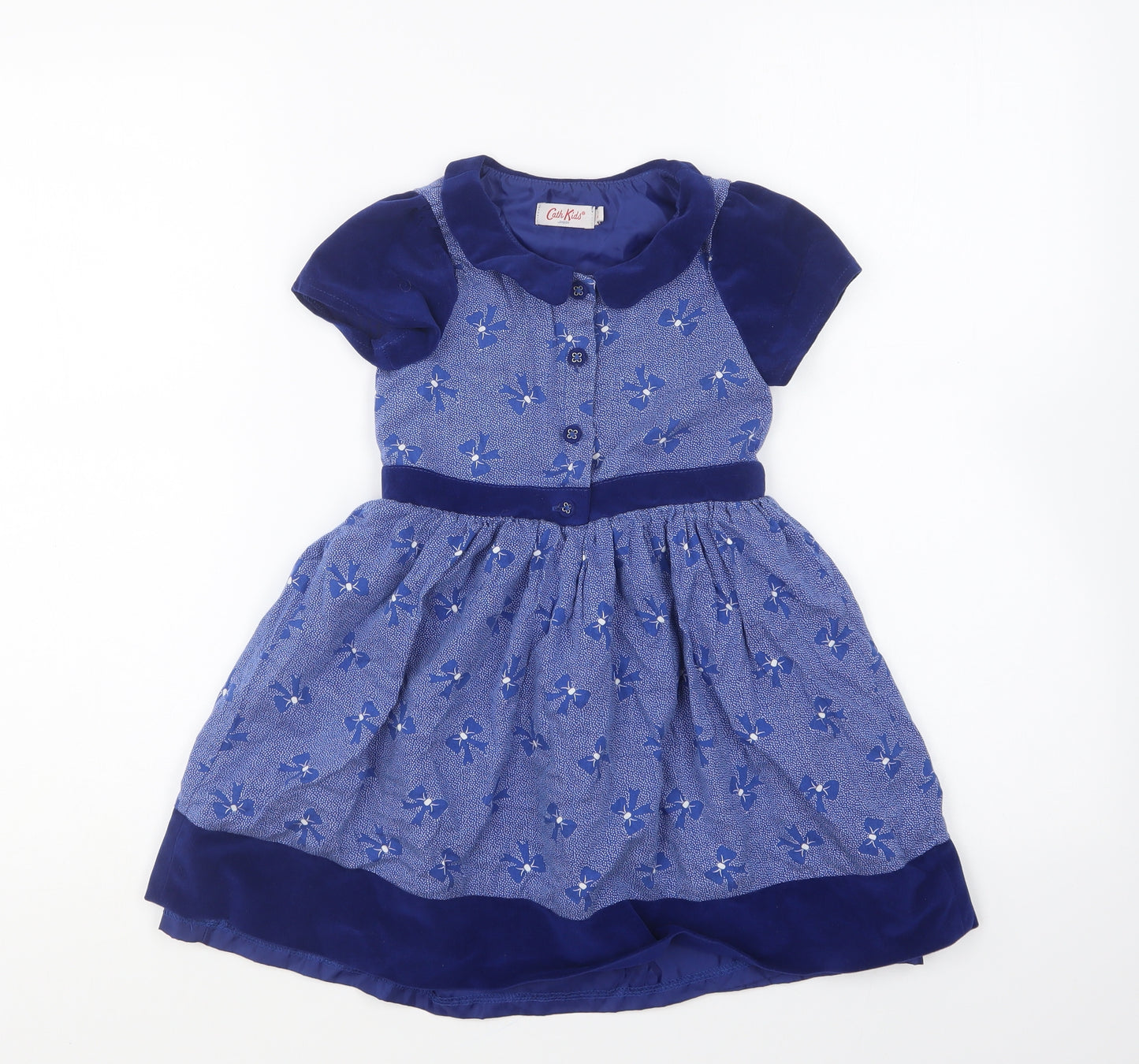 Cath Kidston Girls Blue Geometric Polyester Fit & Flare Size 3-4 Years Collared Button - Bow Pattern