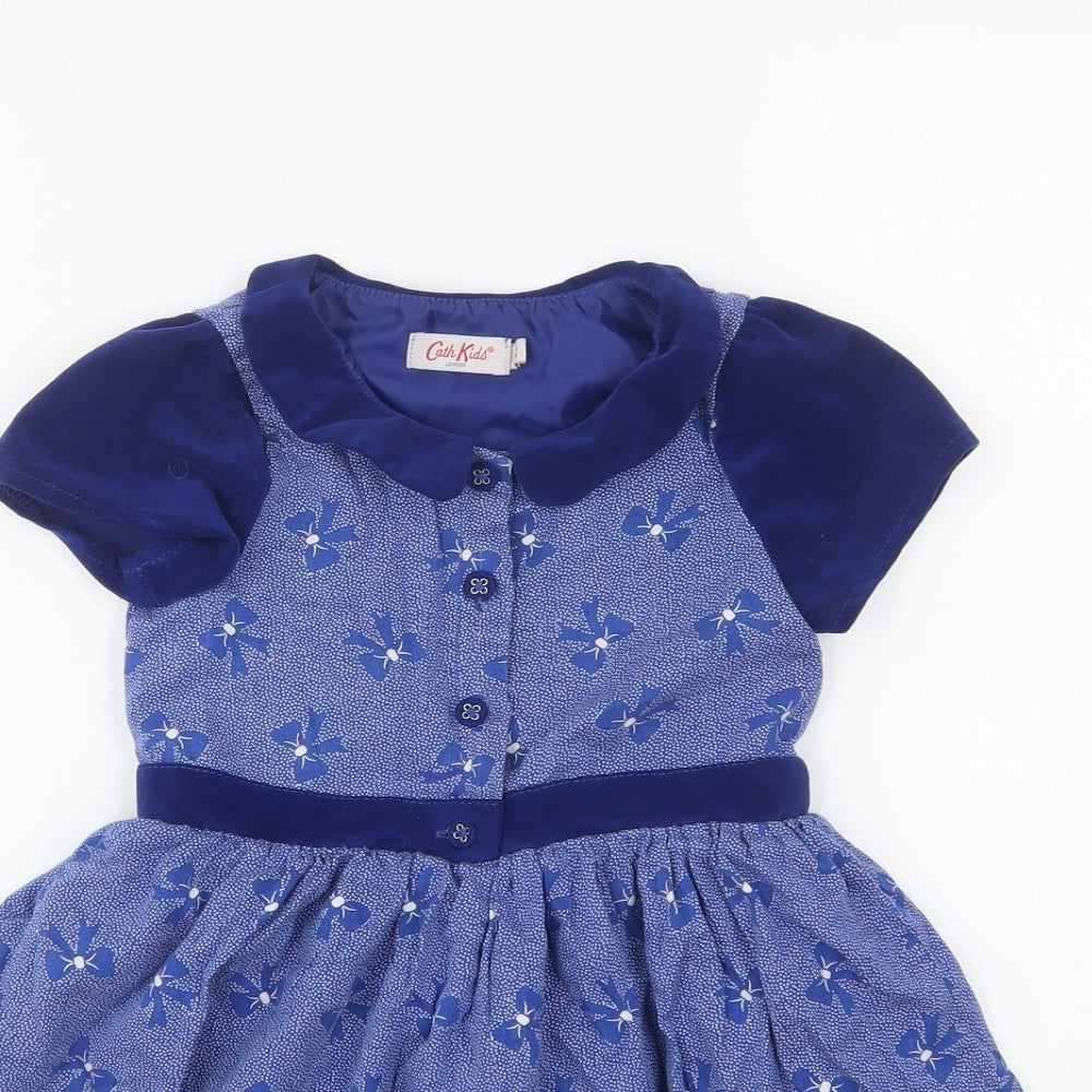 Cath Kidston Girls Blue Geometric Polyester Fit & Flare Size 3-4 Years Collared Button - Bow Pattern