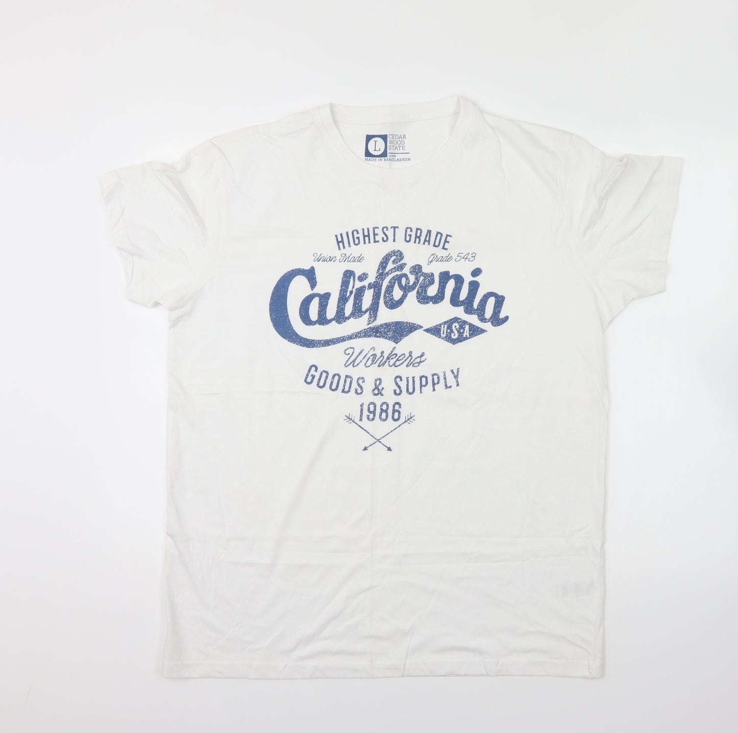 Cedar Wood State Mens White Cotton Basic T-Shirt Size L Round Neck Pullover - California