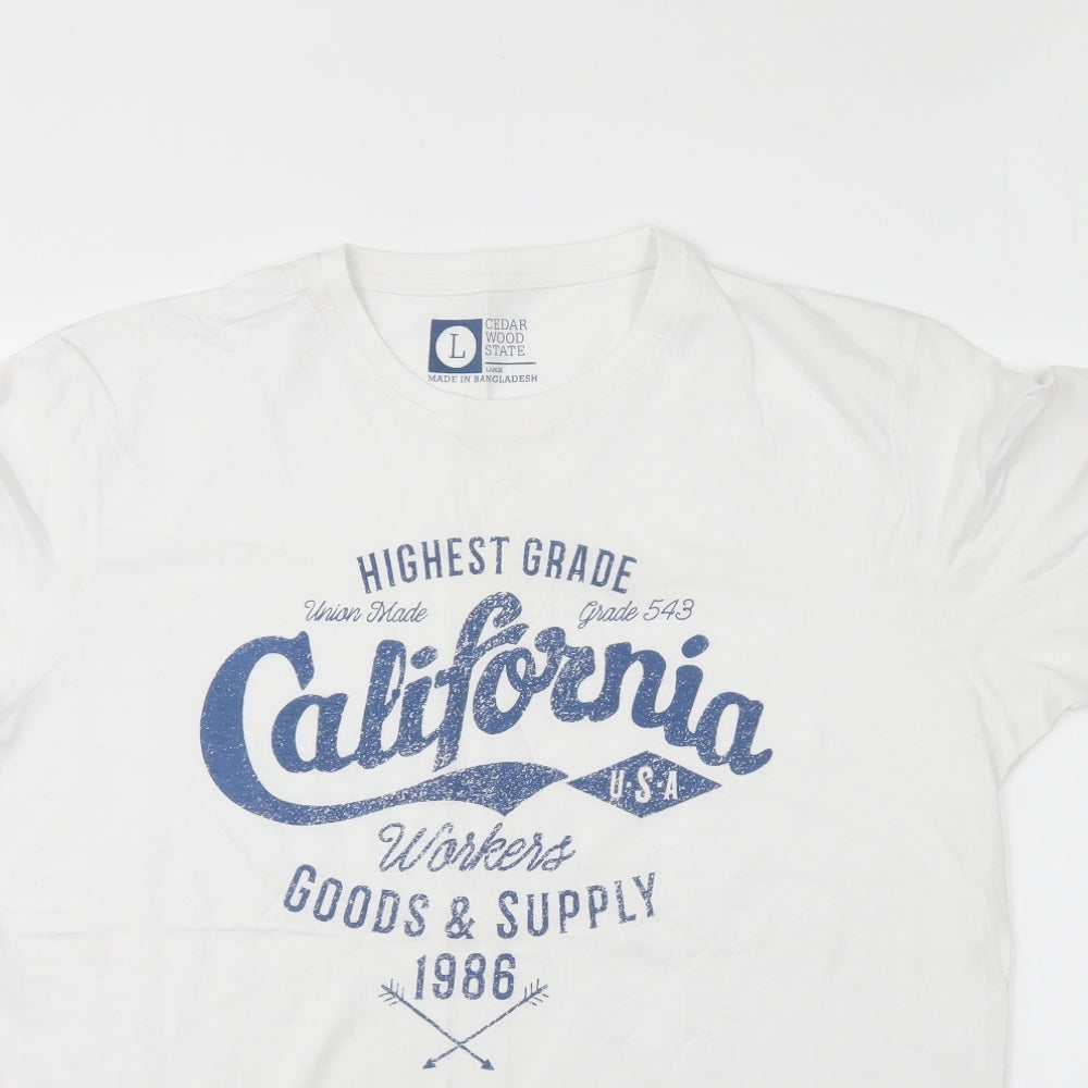 Cedar Wood State Mens White Cotton Basic T-Shirt Size L Round Neck Pullover - California