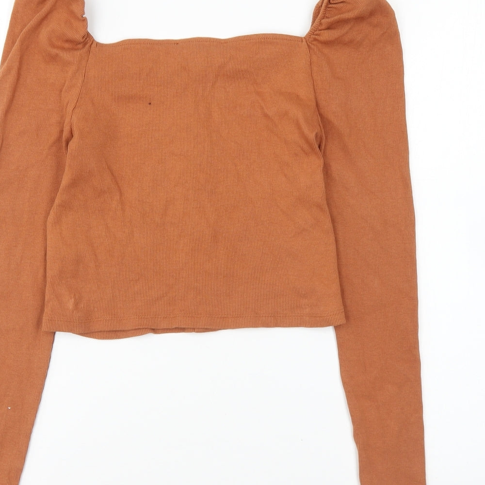 Primark Womens Brown Cotton Cropped T-Shirt Size M Square Neck