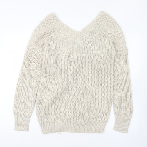 Boohoo Womens Beige V-Neck Acrylic Pullover Jumper Size S