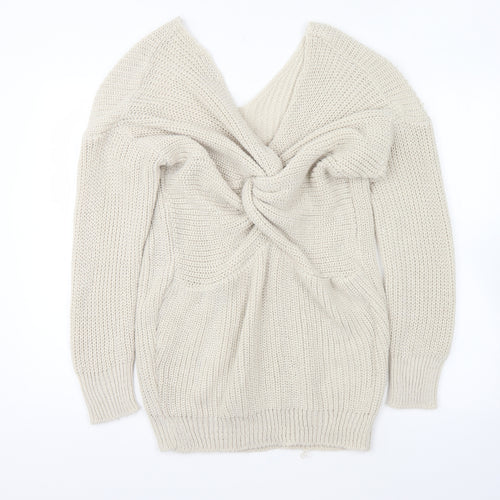 Boohoo Womens Beige V-Neck Acrylic Pullover Jumper Size S