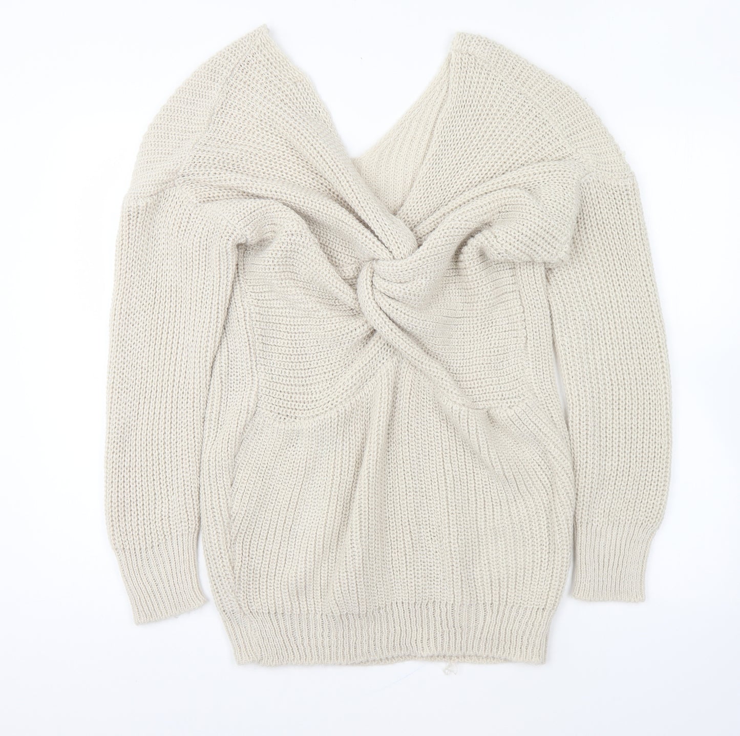Boohoo Womens Beige V-Neck Acrylic Pullover Jumper Size S