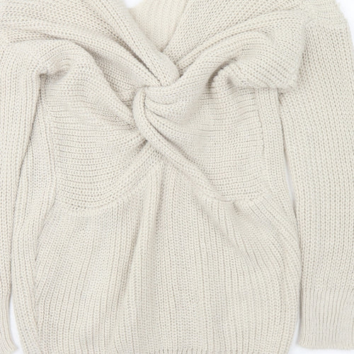 Boohoo Womens Beige V-Neck Acrylic Pullover Jumper Size S