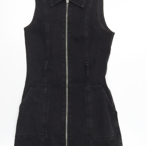 Denim & Co. Womens Black Cotton Fit & Flare Size 4 Collared Zip