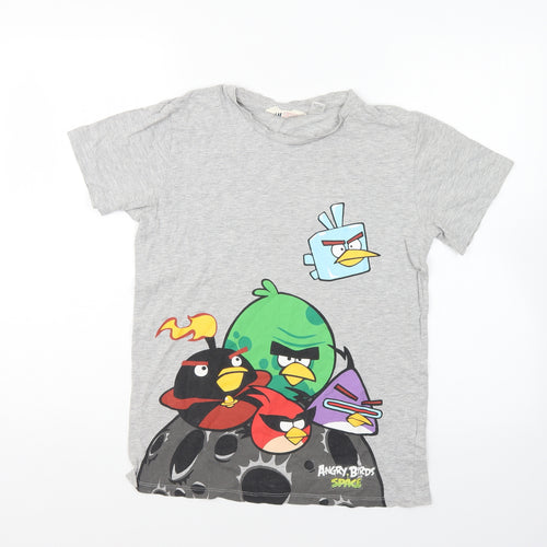 H&M Boys Grey Cotton Basic T-Shirt Size 13-14 Years Round Neck Pullover - Angry Birds
