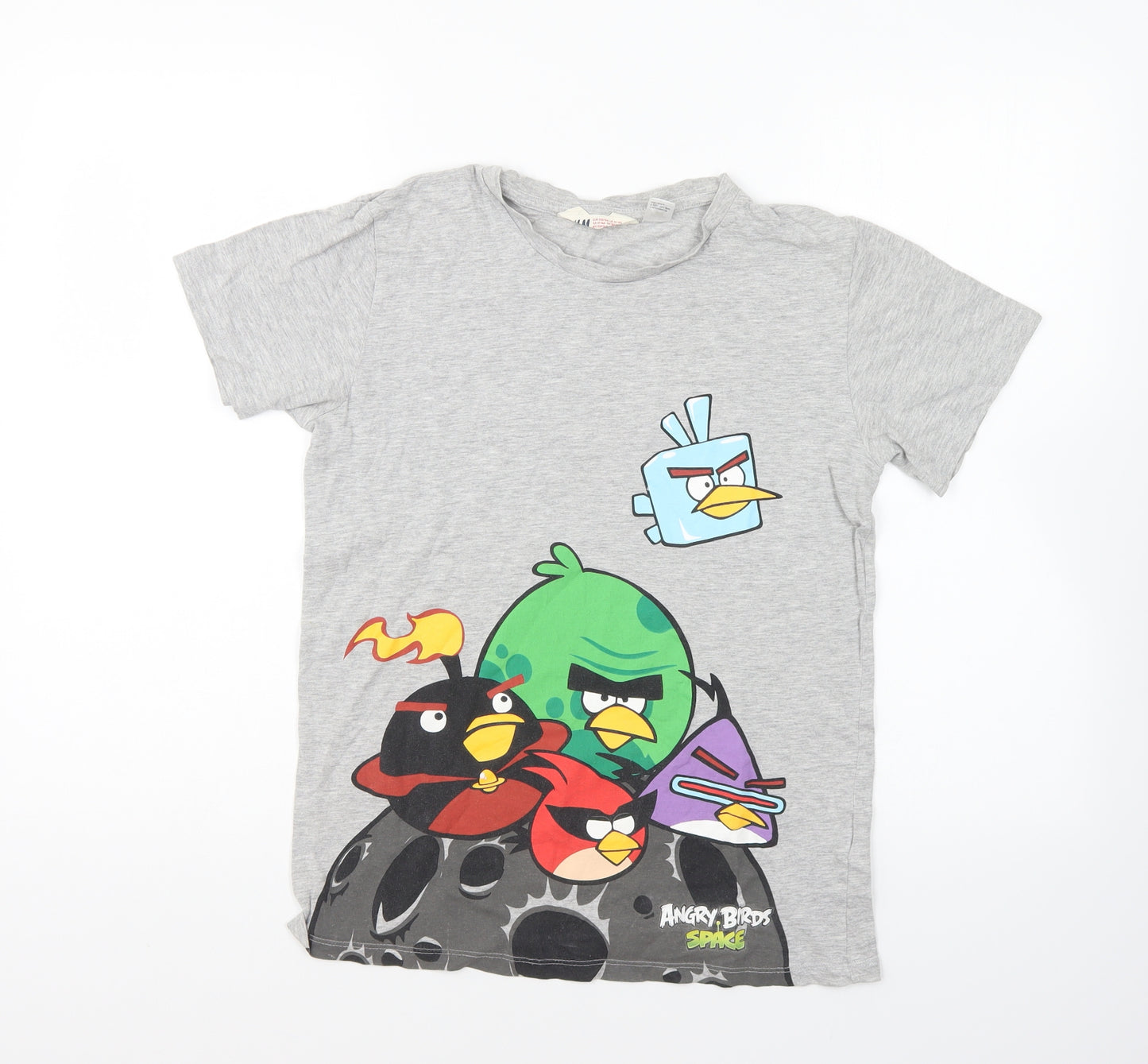 H&M Boys Grey Cotton Basic T-Shirt Size 13-14 Years Round Neck Pullover - Angry Birds