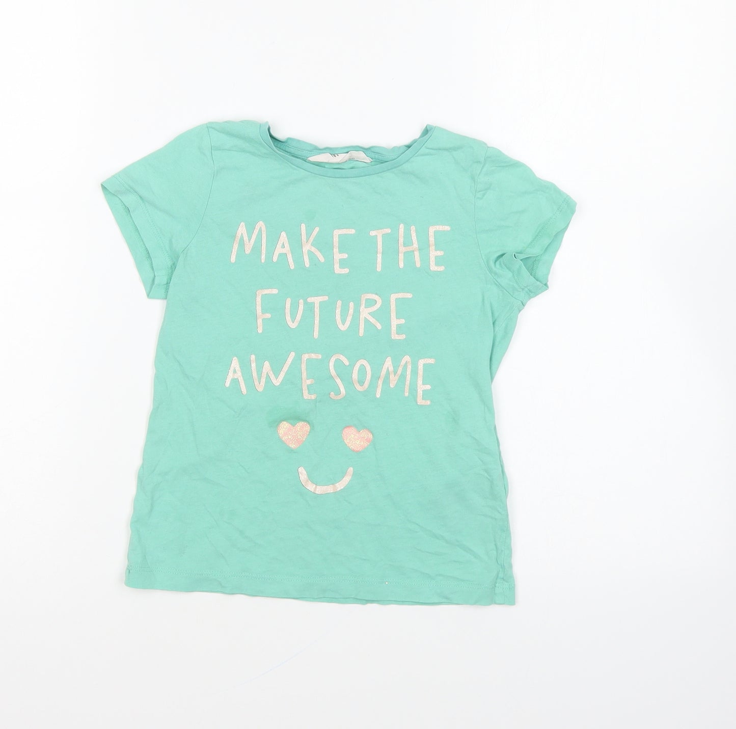H&M Girls Green Cotton Basic T-Shirt Size 7-8 Years Round Neck Pullover - Make The Future Awesome