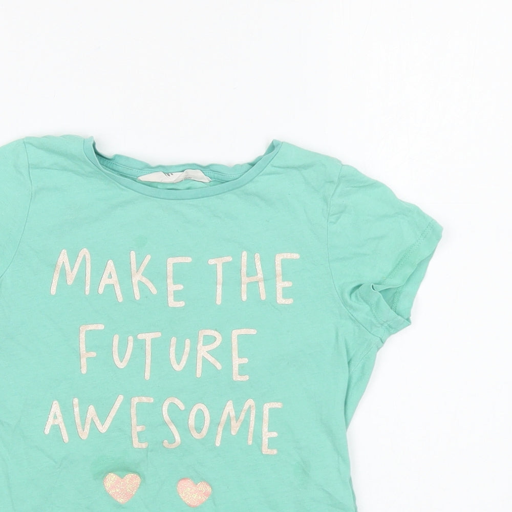 H&M Girls Green Cotton Basic T-Shirt Size 7-8 Years Round Neck Pullover - Make The Future Awesome