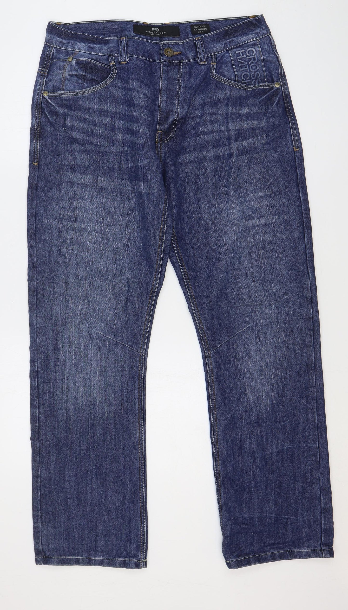 Crosshatch Mens Blue Cotton Straight Jeans Size 34 L32 in Regular Button