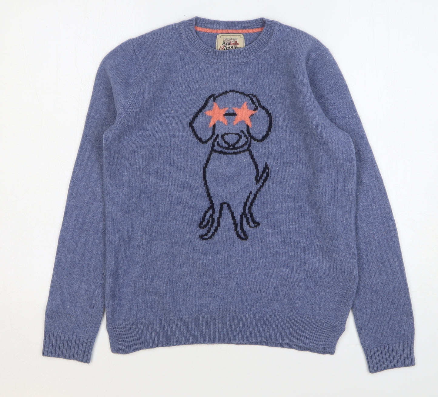 Arabella & Addison Womens Blue Round Neck Wool Pullover Jumper Size 14 - Dog