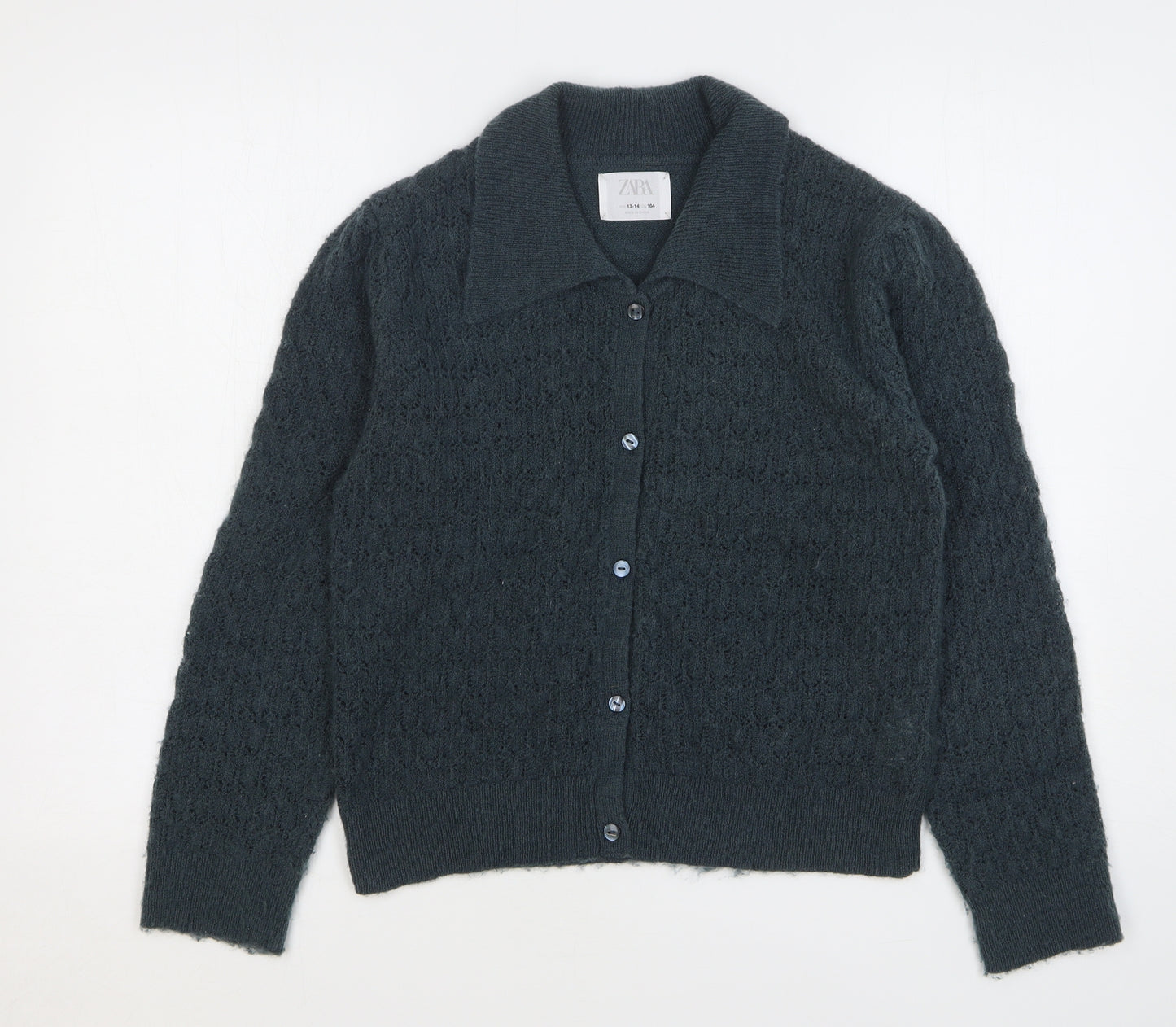 Zara Girls Green Collared Polyester Cardigan Jumper Size 13-14 Years Button