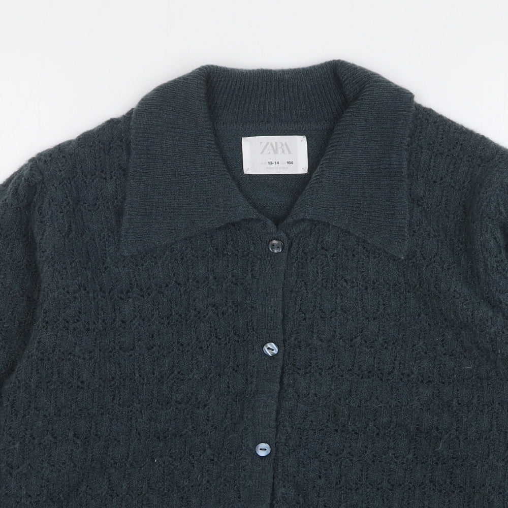 Zara Girls Green Collared Polyester Cardigan Jumper Size 13-14 Years Button