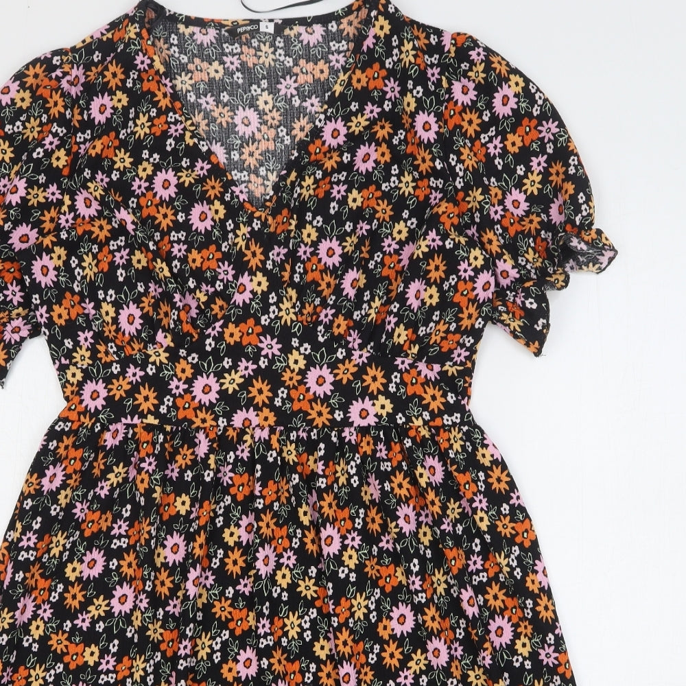 PEP&CO Womens Multicoloured Floral Polyester Fit & Flare Size 8 V-Neck Pullover