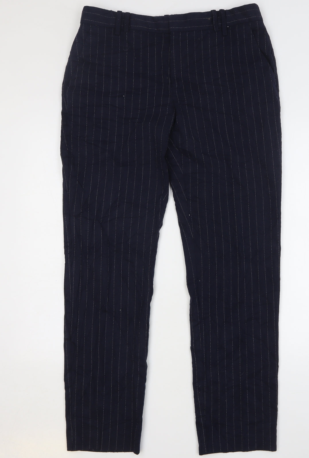 Marks and Spencer Womens Blue Striped Polyester Trousers Size 14 L32 in Regular Zip