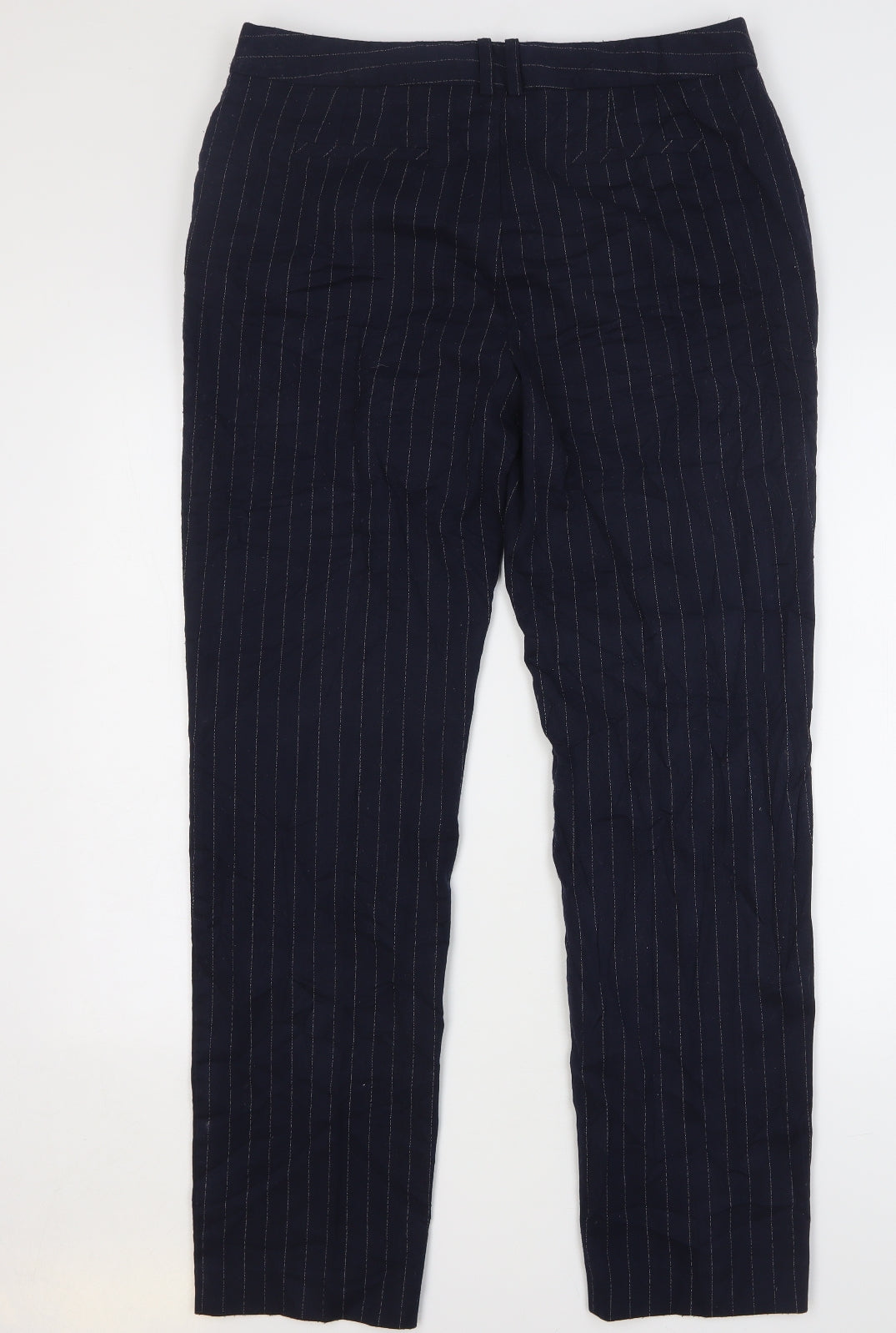 Marks and Spencer Womens Blue Striped Polyester Trousers Size 14 L32 in Regular Zip