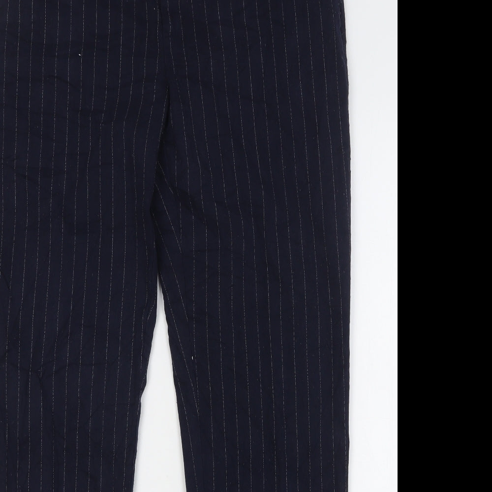 Marks and Spencer Womens Blue Striped Polyester Trousers Size 14 L32 in Regular Zip