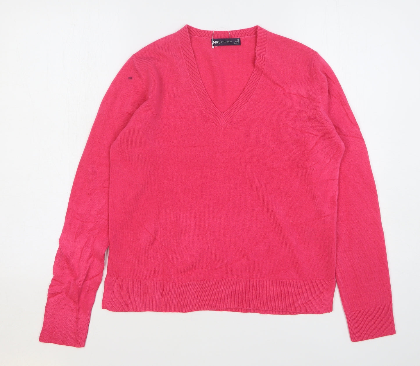 Marks and Spencer Womens Pink V-Neck Acrylic Pullover Jumper Size 12