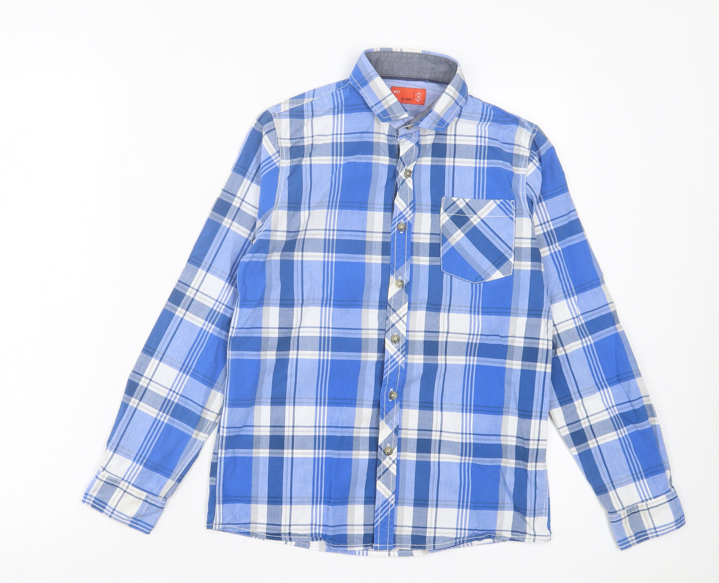 NEXT Boys Blue Plaid Cotton Basic Button-Up Size 11 Years Collared Button - Pocket Detail