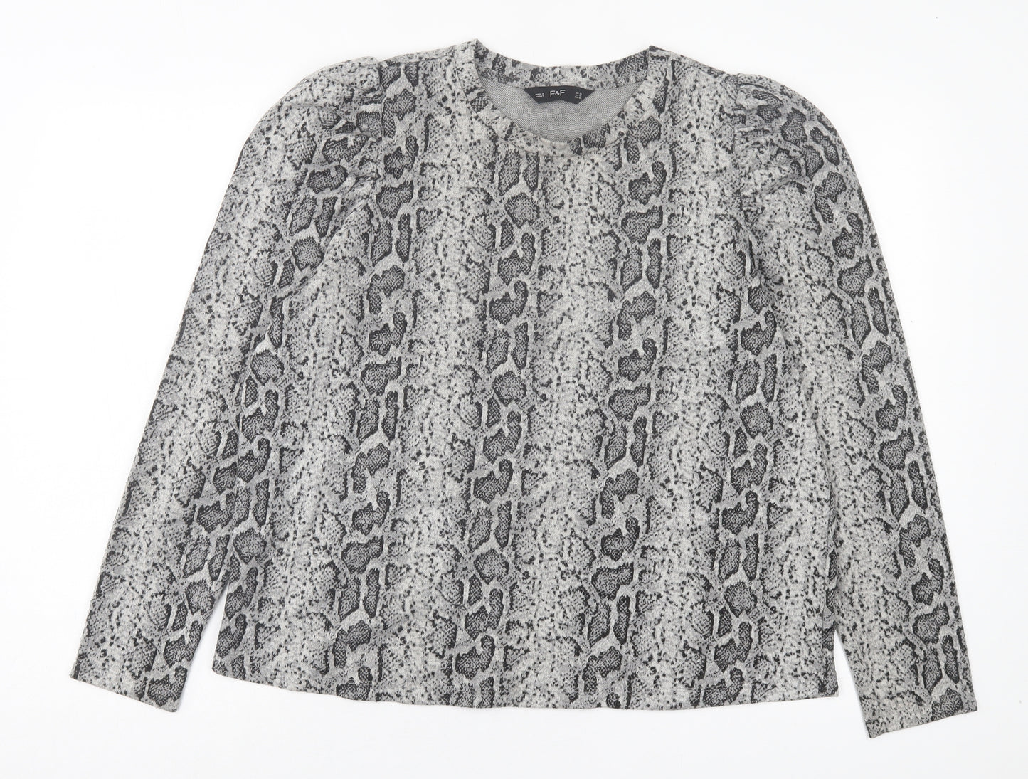 F&F Womens Grey Animal Print Polyester Basic T-Shirt Size 10 Crew Neck - Snake Print