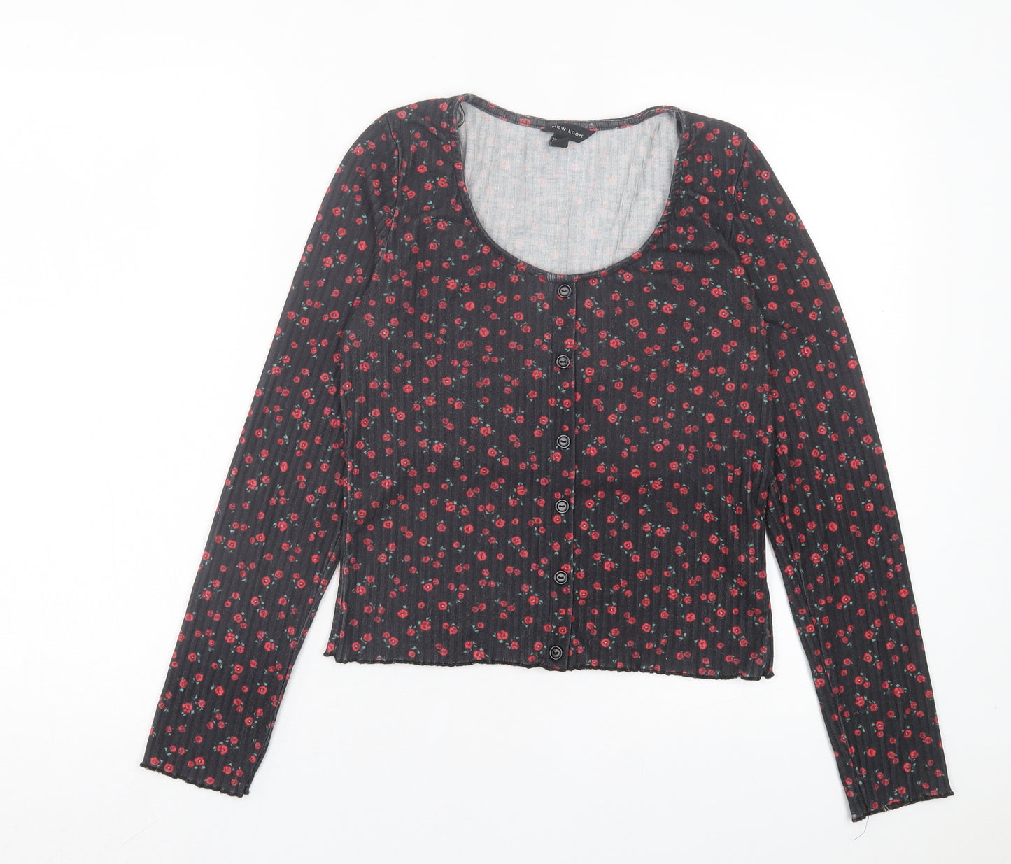 New Look Womens Black Floral Polyester Basic T-Shirt Size 12 Scoop Neck