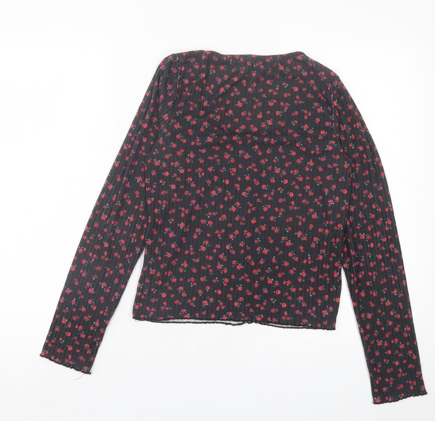 New Look Womens Black Floral Polyester Basic T-Shirt Size 12 Scoop Neck