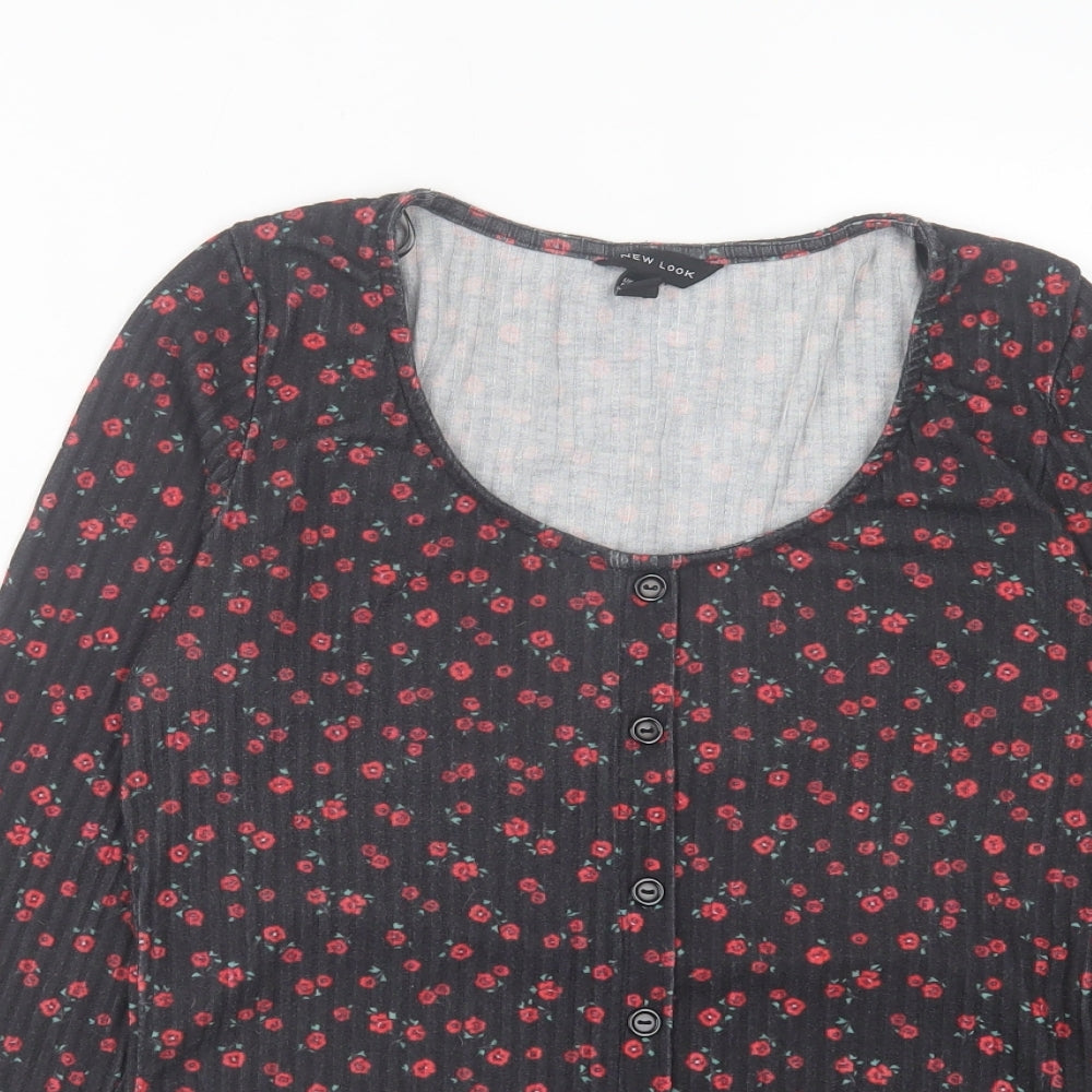 New Look Womens Black Floral Polyester Basic T-Shirt Size 12 Scoop Neck